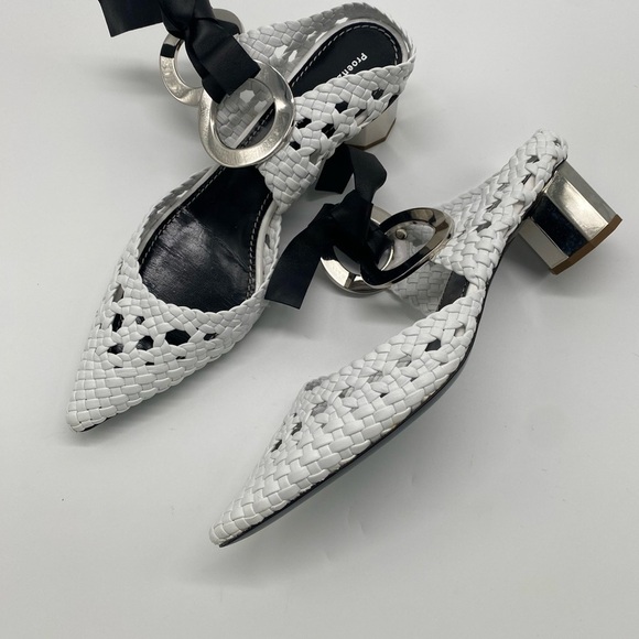 Proenza Schouler Woven Leather Mules Pointed Toe Silver Heel Black Bow - Picture 3 of 9
